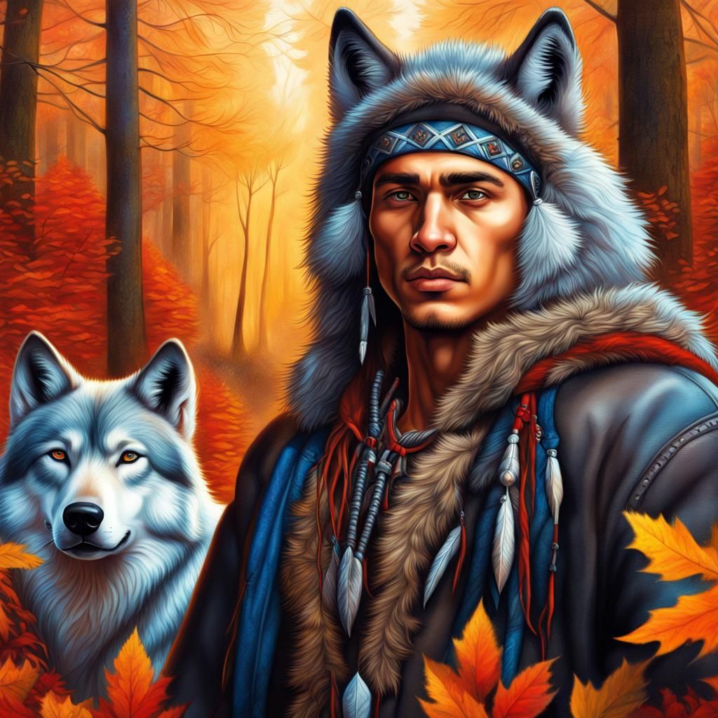 Cherokee Man and Wolf in Visionary Style