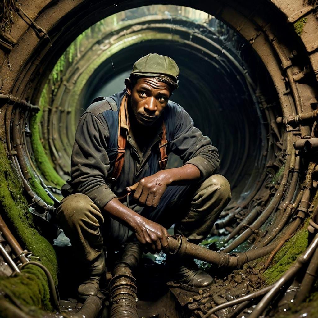 Haïtian Sewer Worker in Dark, Atmospheric Parisian Tunnel