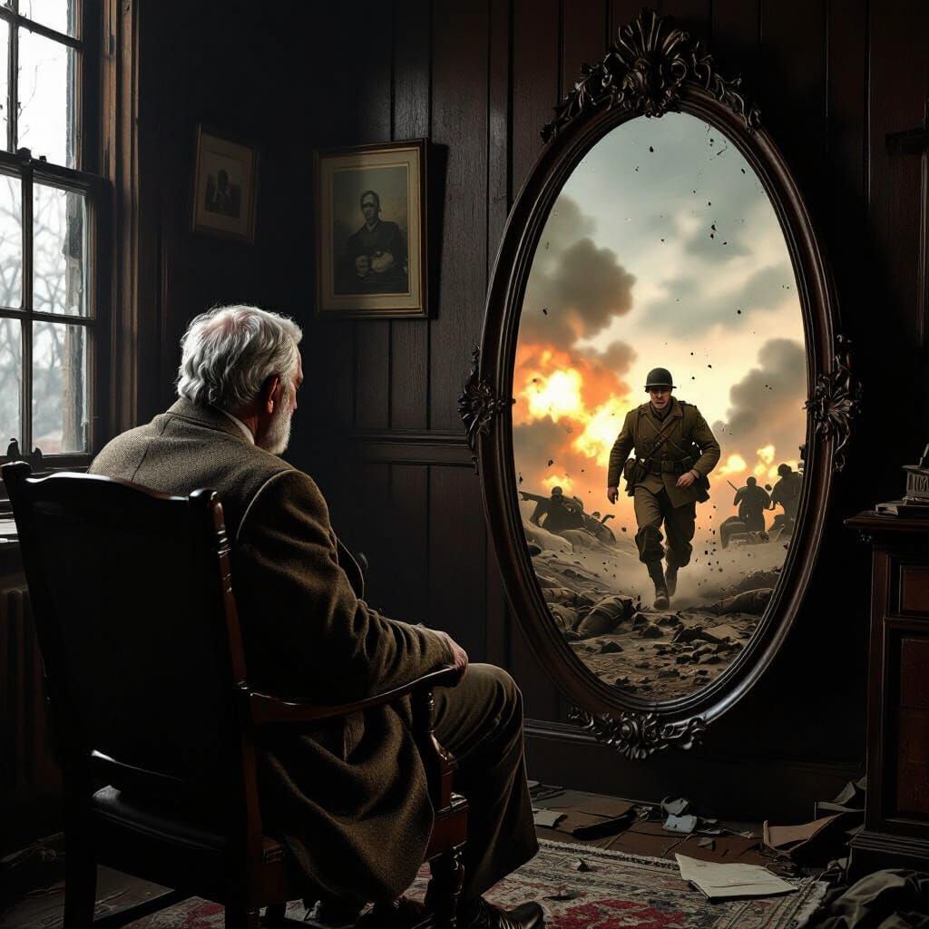 Haunting Reflection: WWII Soldier in Oval Mirror