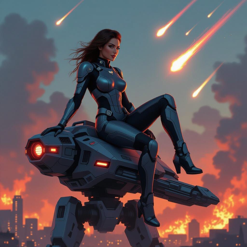 Female Pilot on Mech Shoulder in Gritty Sci-Fi Style