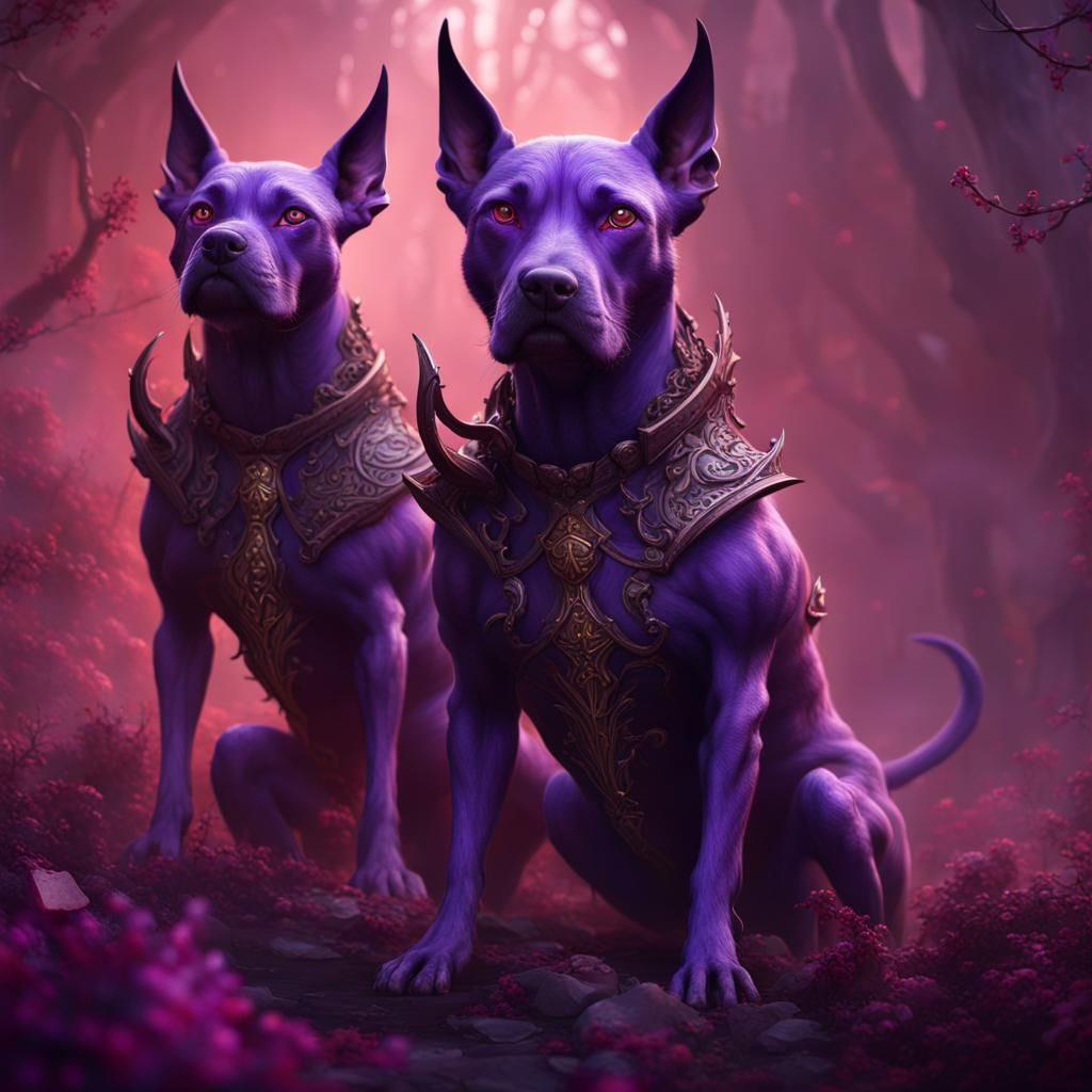 Purple Devil and Two-Headed Dog: Detailed Fantasy Art