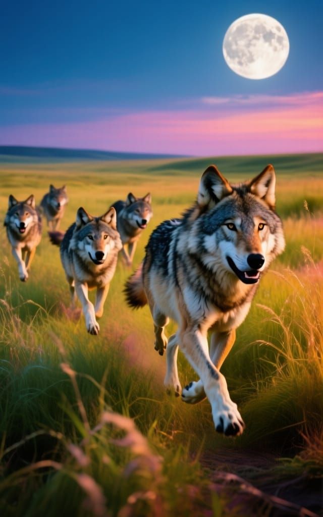 Wolves Running on Prairie Under Full Moon