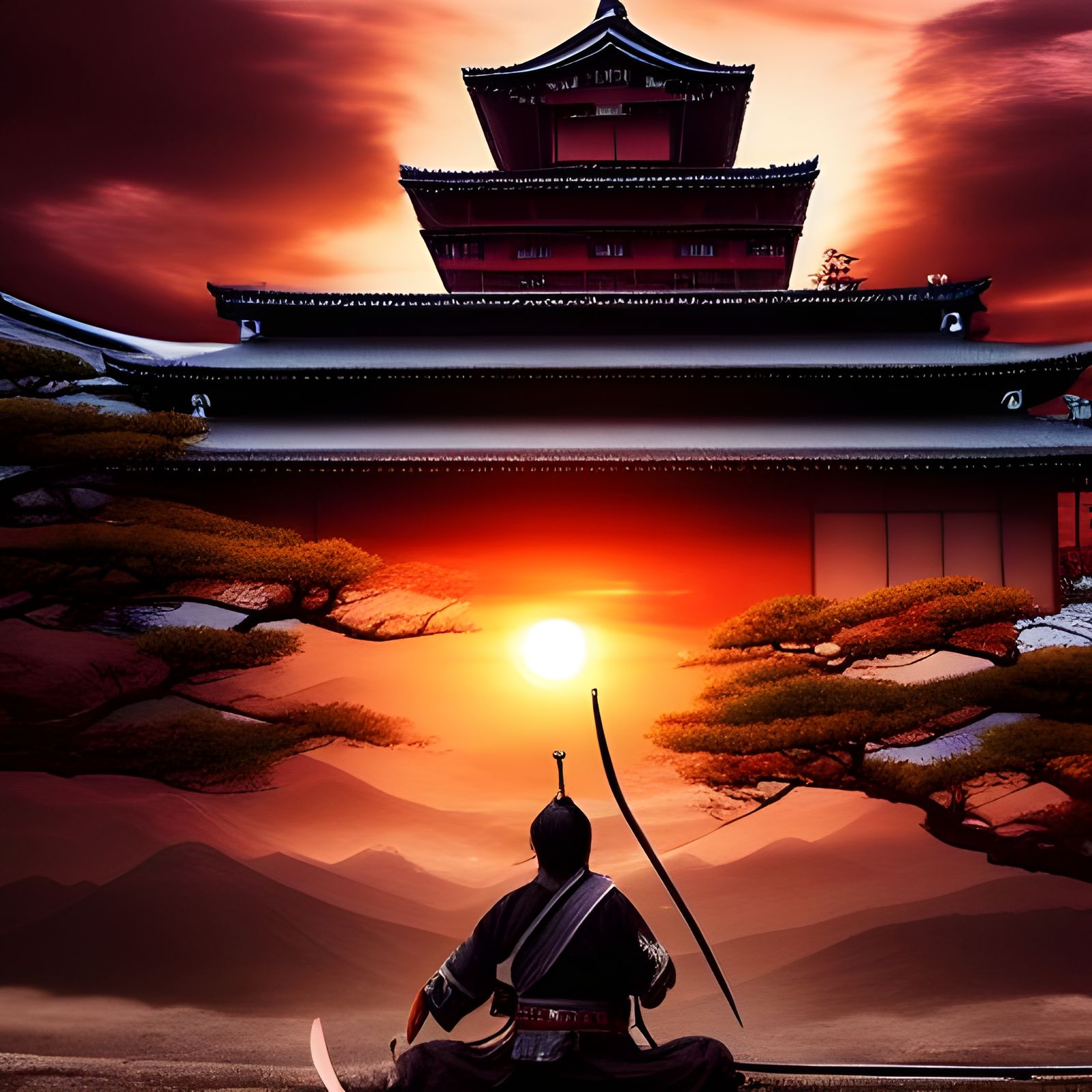 Japanese Warrior with Sword at Sunset