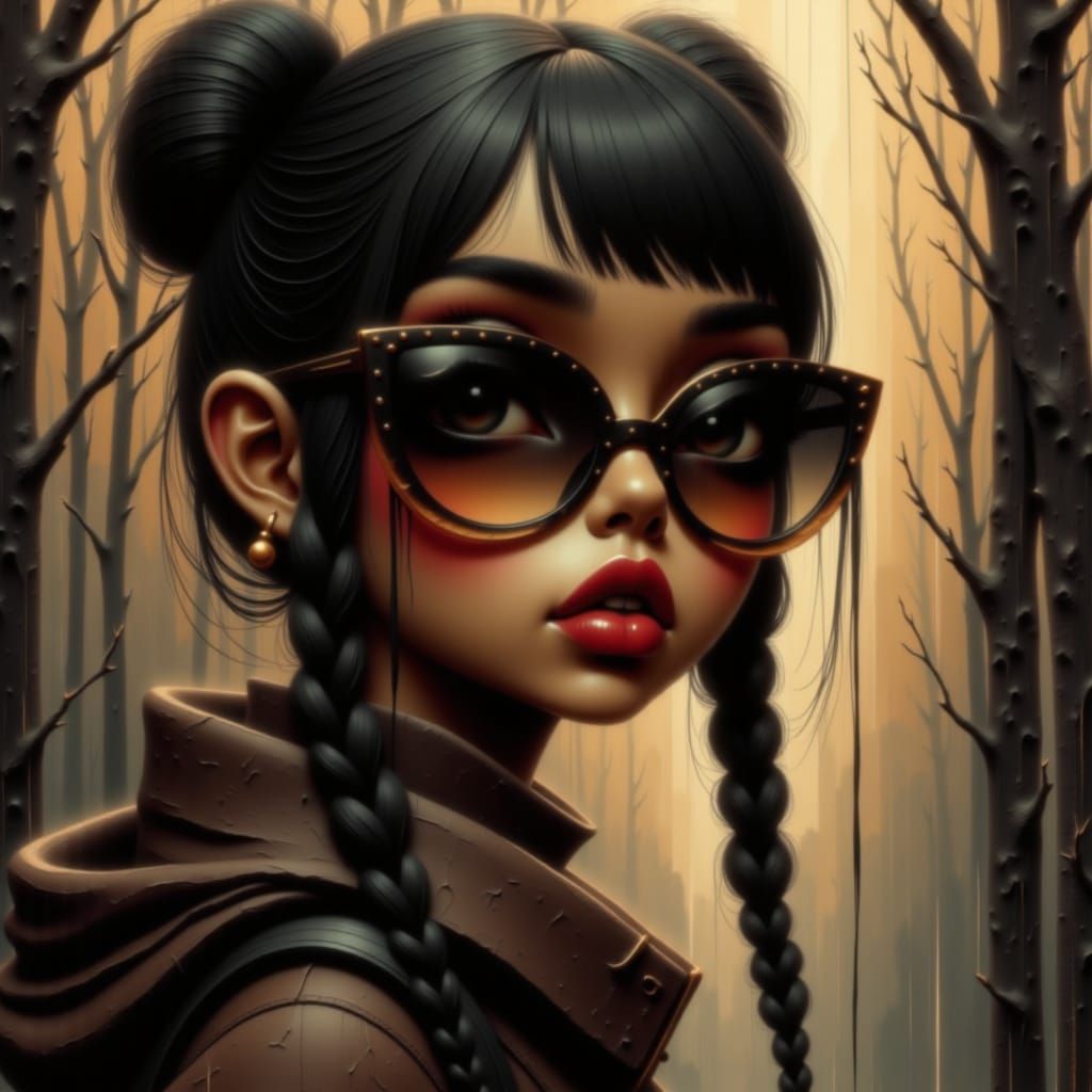 Hispanic Girl Hiking in Aspen Grove in Retro Couture Style