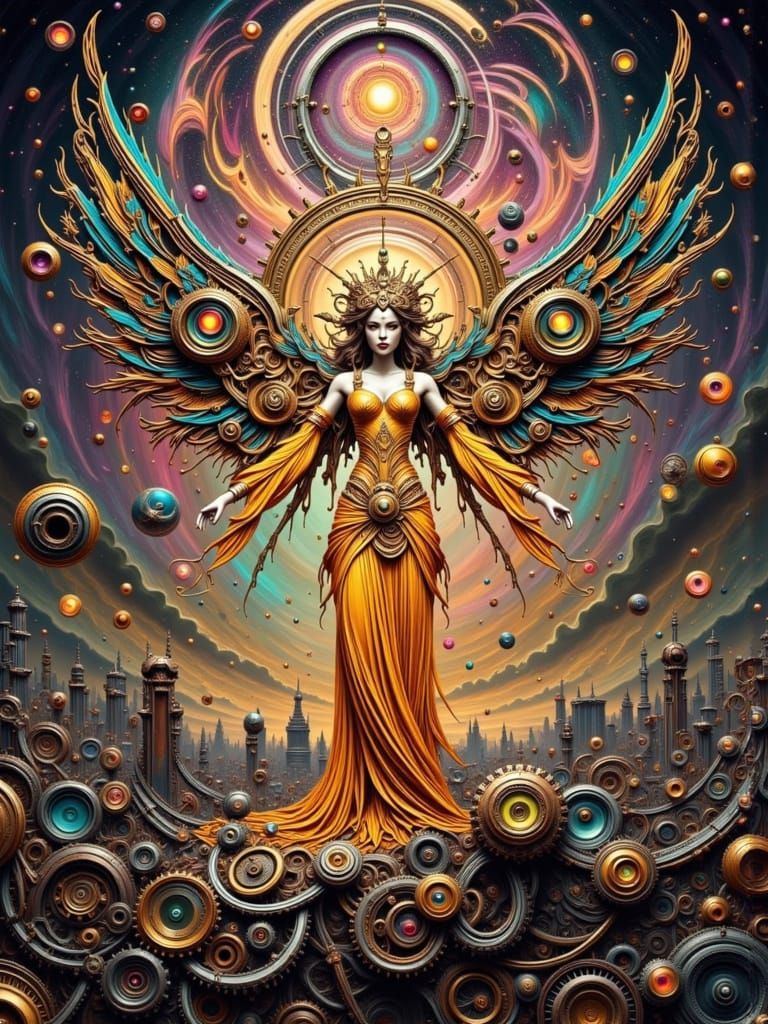 Goddess with Mechanical Wings in Retro-Futuristic City