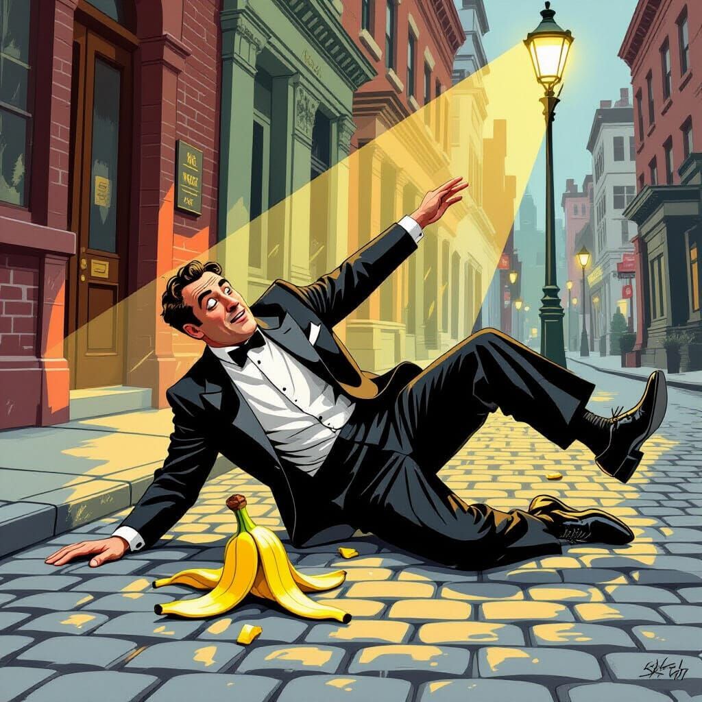 Gentleman Slips on Banana Peel in Silent Film Style