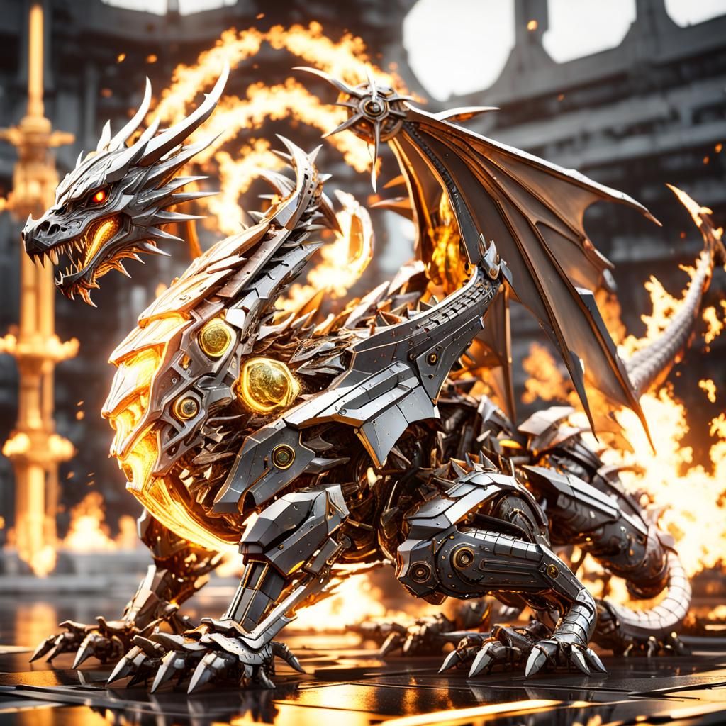 Futuristic Mech Dragon Breathing Golden Fire