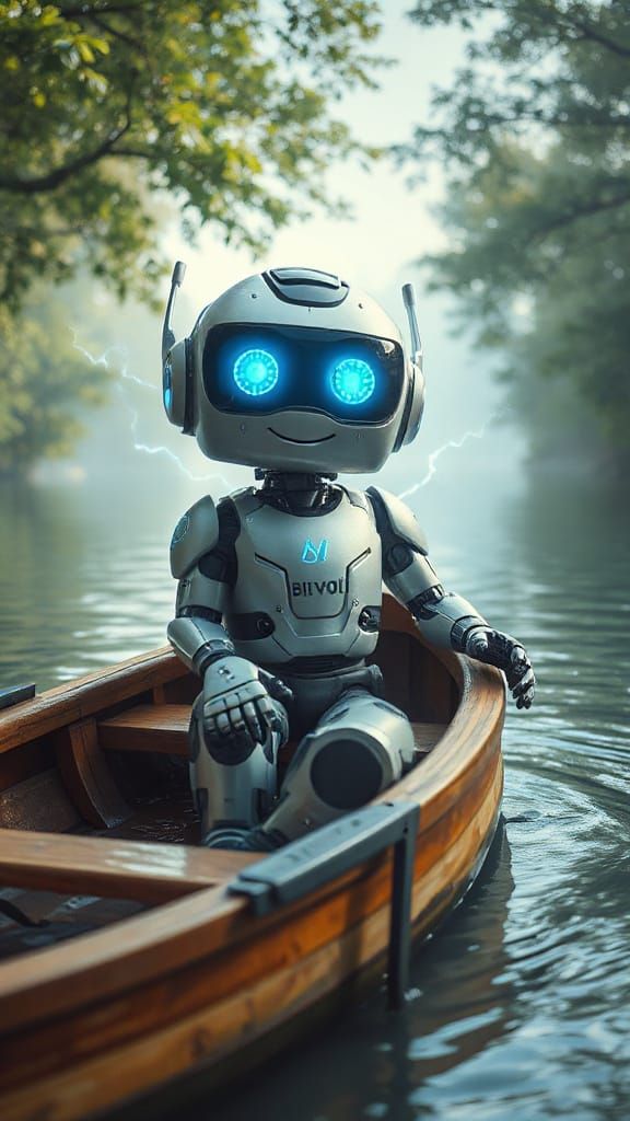 Robot Mascot on River in Impressionistic Style