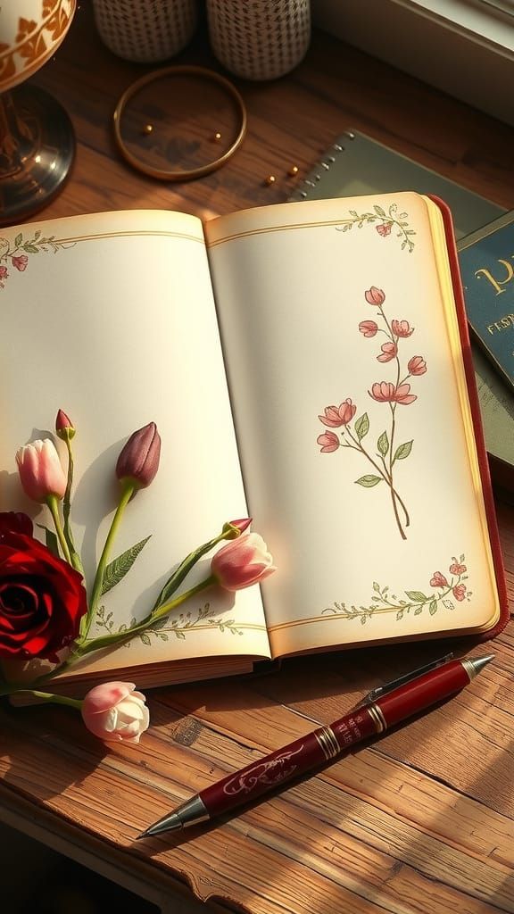 Fairytale Notebook Page with Floral Illustrations