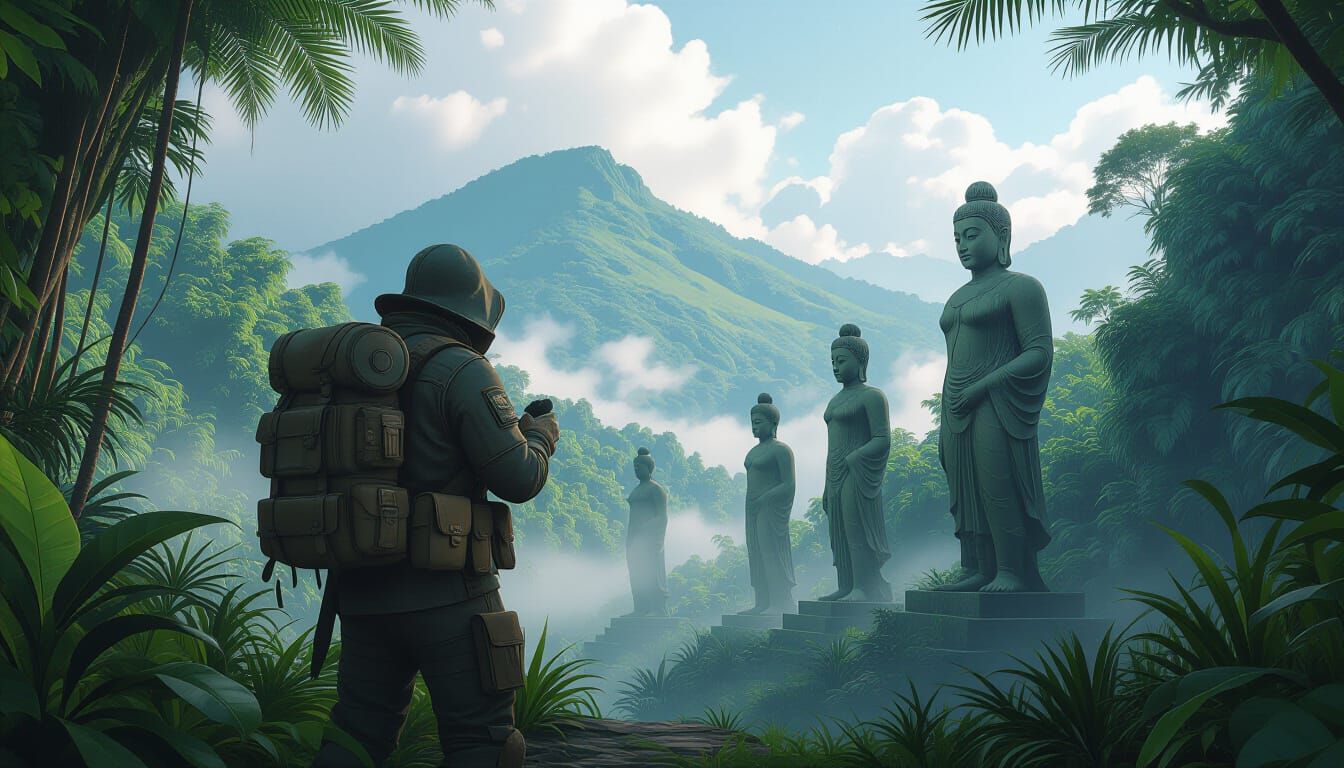 Explorer Discovers Ancient Statues in Misty Jungle