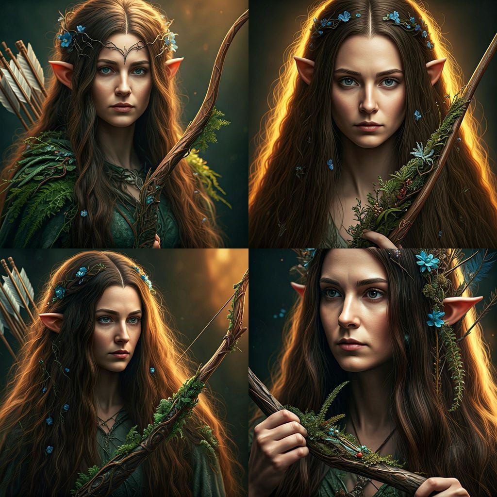 Elven Druid Girl Portrait with Bow and Arrows
