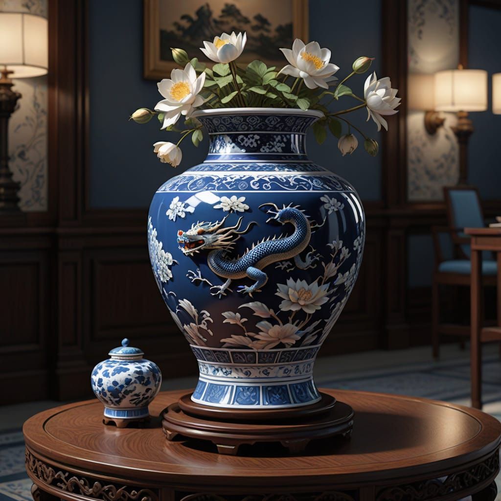 Photorealistic Ming Vase with Lotus and Dragon Motifs