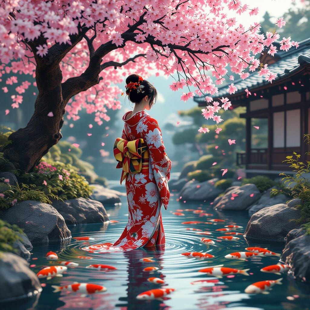 Kimono Woman in Koi Pond Under Cherry Blossoms