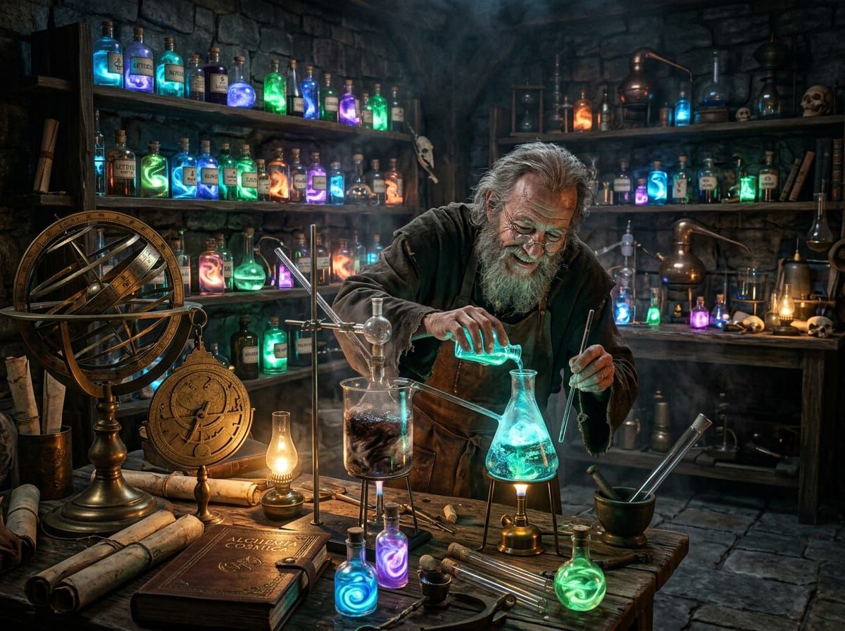 Alchemist Gleefully Mixes Luminous Potions in Eerie Lab
