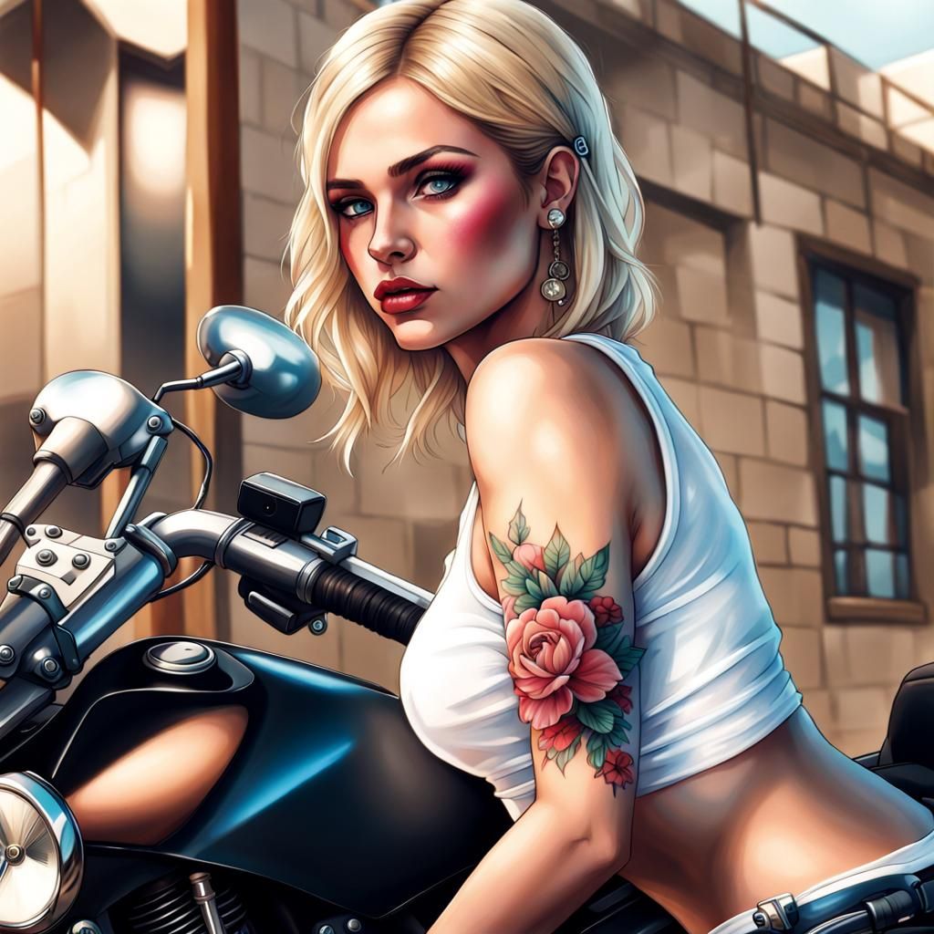 Beautiful Blonde Gangster on Motorcycle