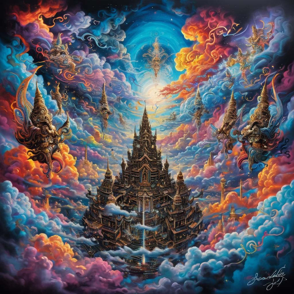 Celestial Gods in Mythical Sky City: Surreal Art