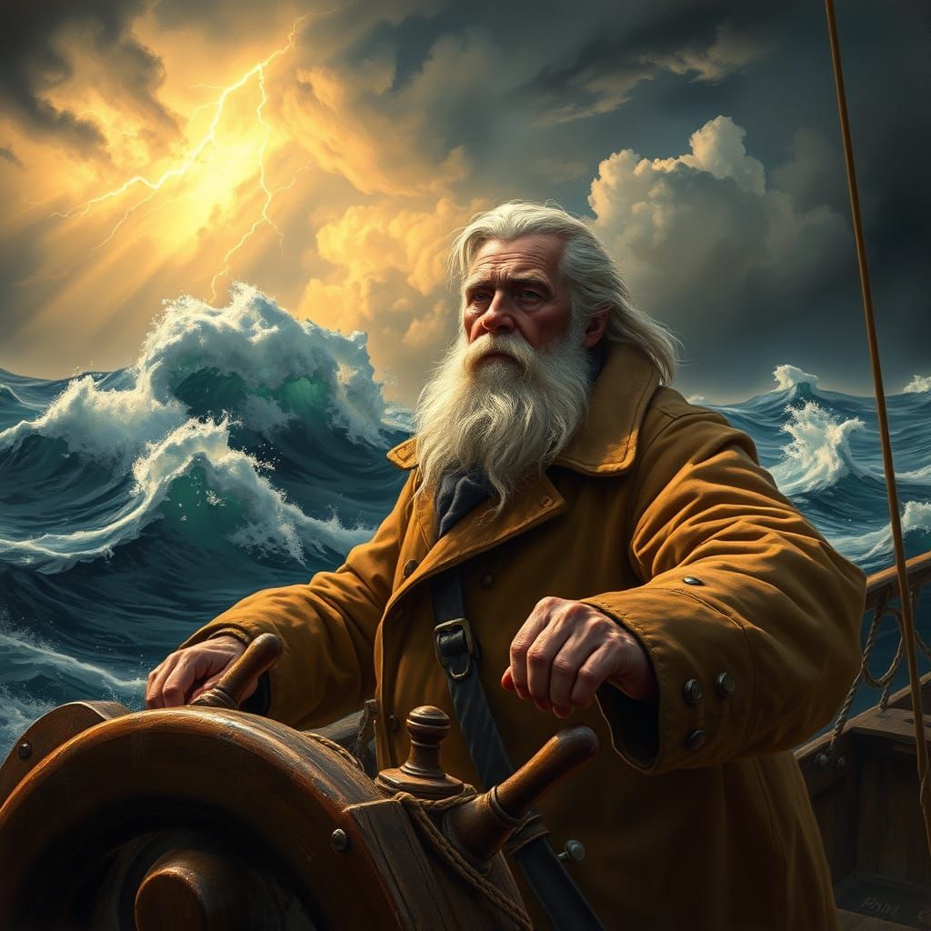 Old Sea Captain in Raging Storm, Maritime Painting