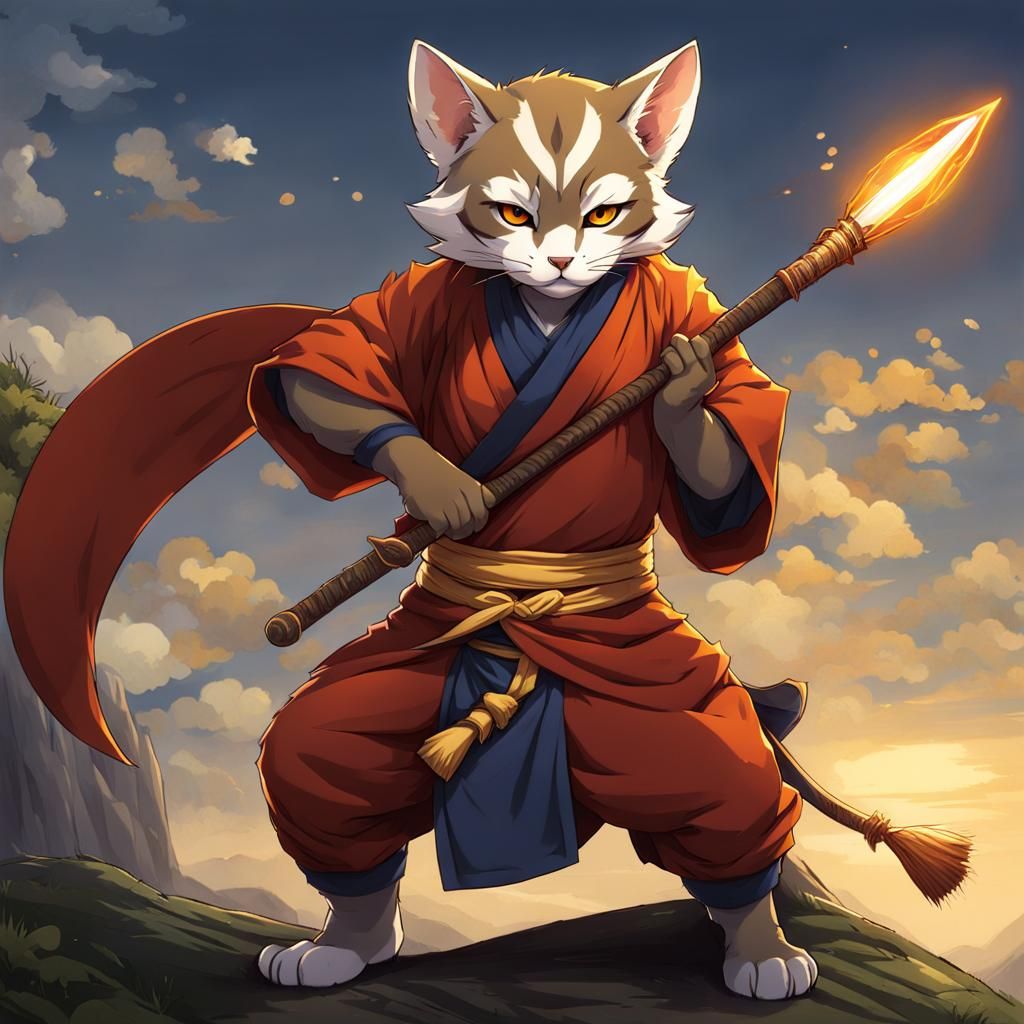 Anime Tabaxi Monk with Spear, Blindfolded