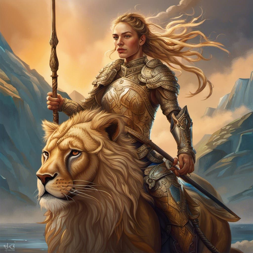 Nordic Woman on Lion with Golden Armor