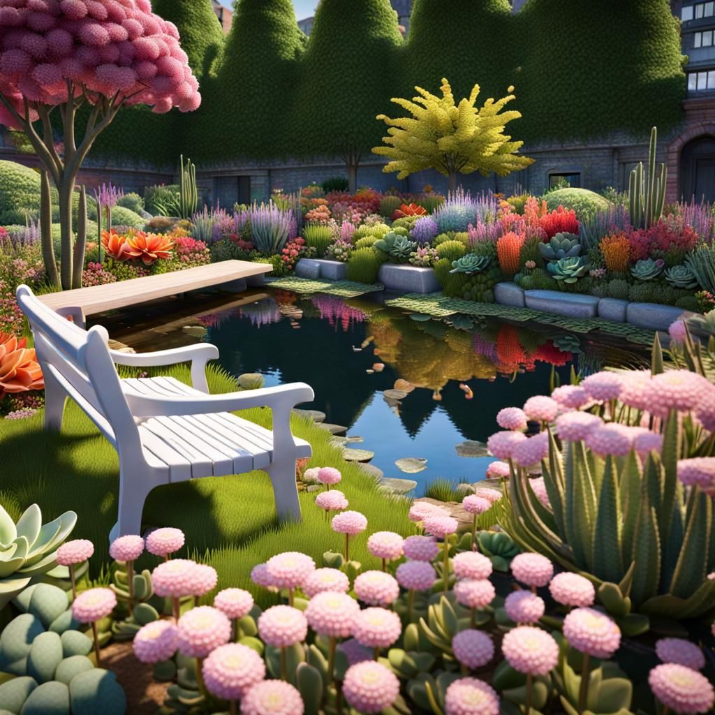Colorful Urban Garden with Pond, Digital Art