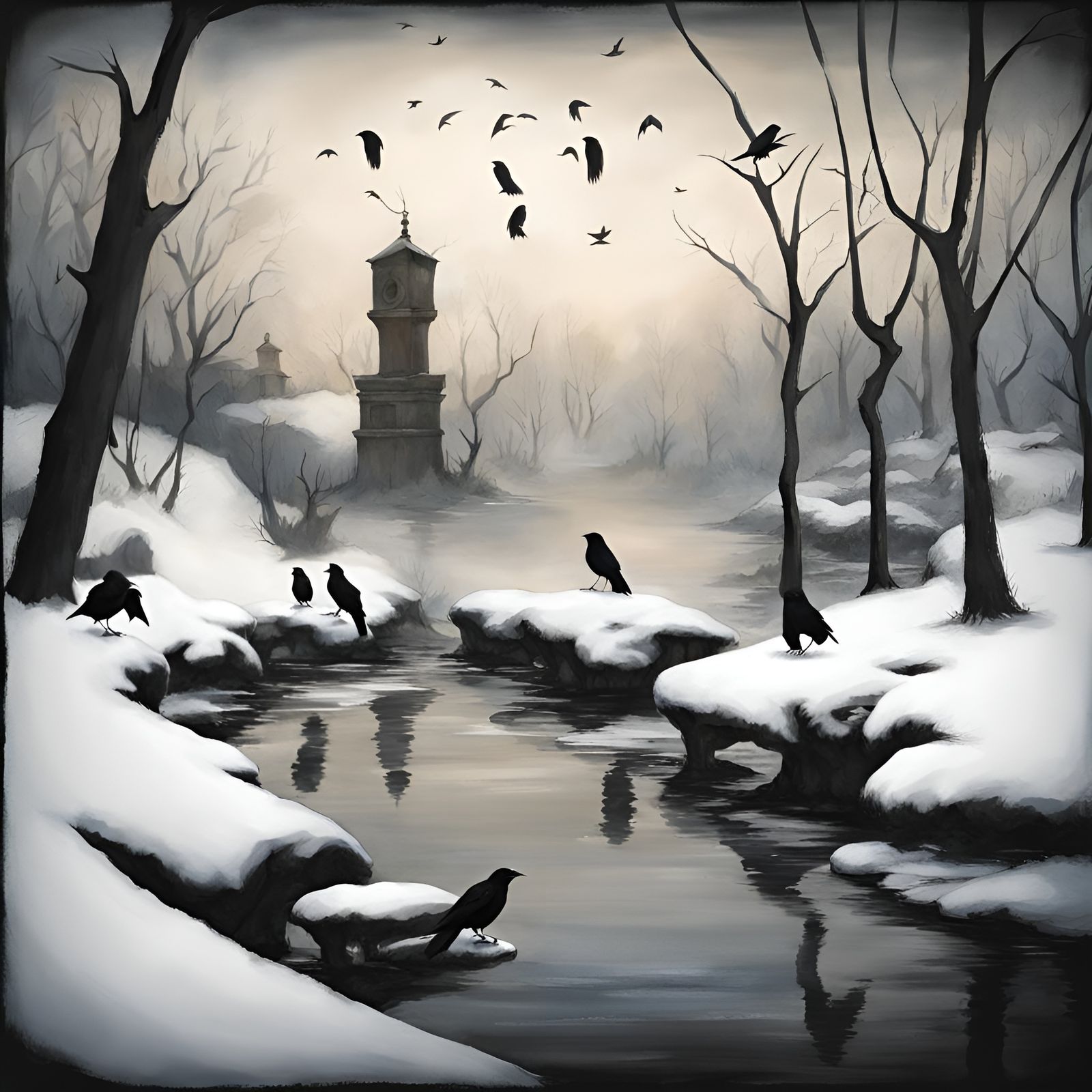 Crows on a Branch in Monochrome