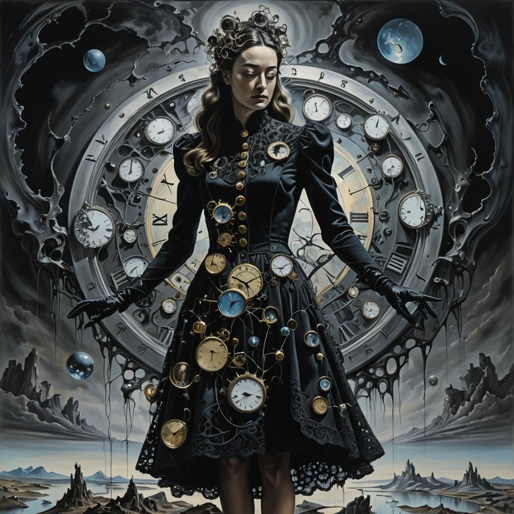 Surreal Woman in Dreamscape with Melting Clocks