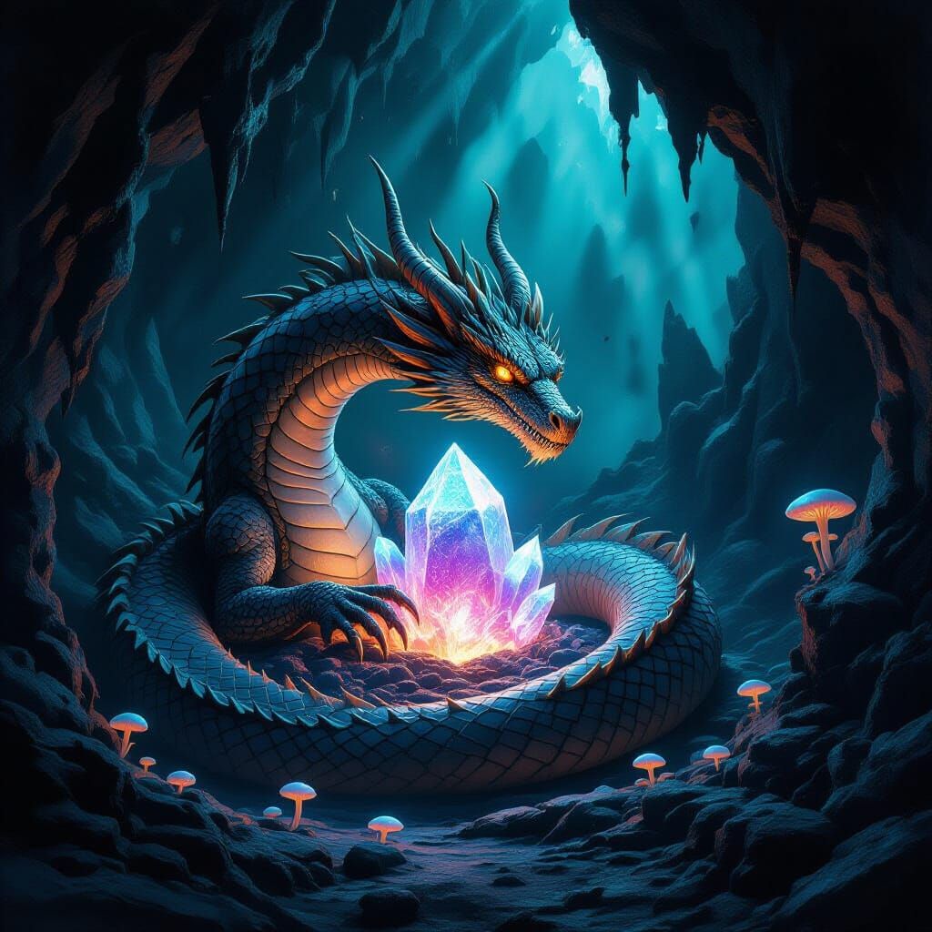 Ancient Dragon Guards Alien Crystal in Obsidian Cavern