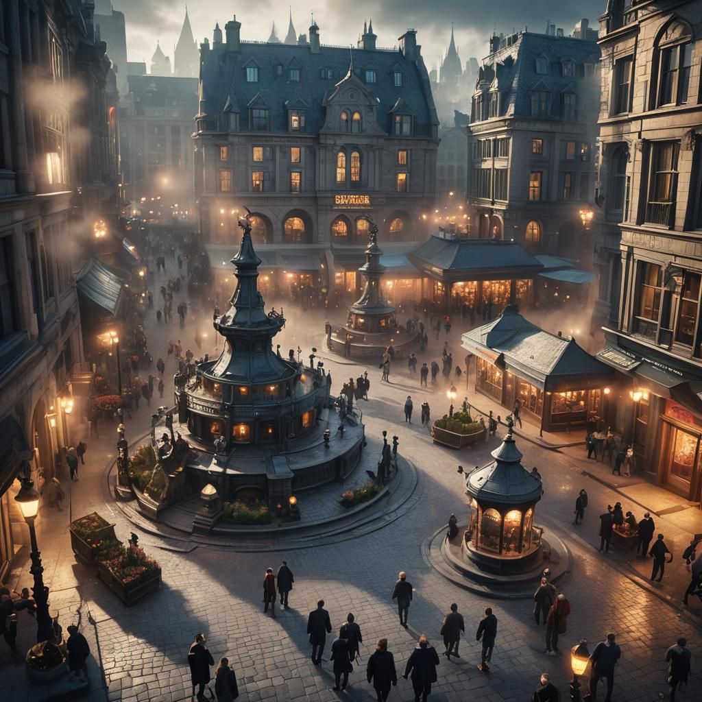 Fantasy Cityscape with Magical Creatures, Digital Matte Pain...