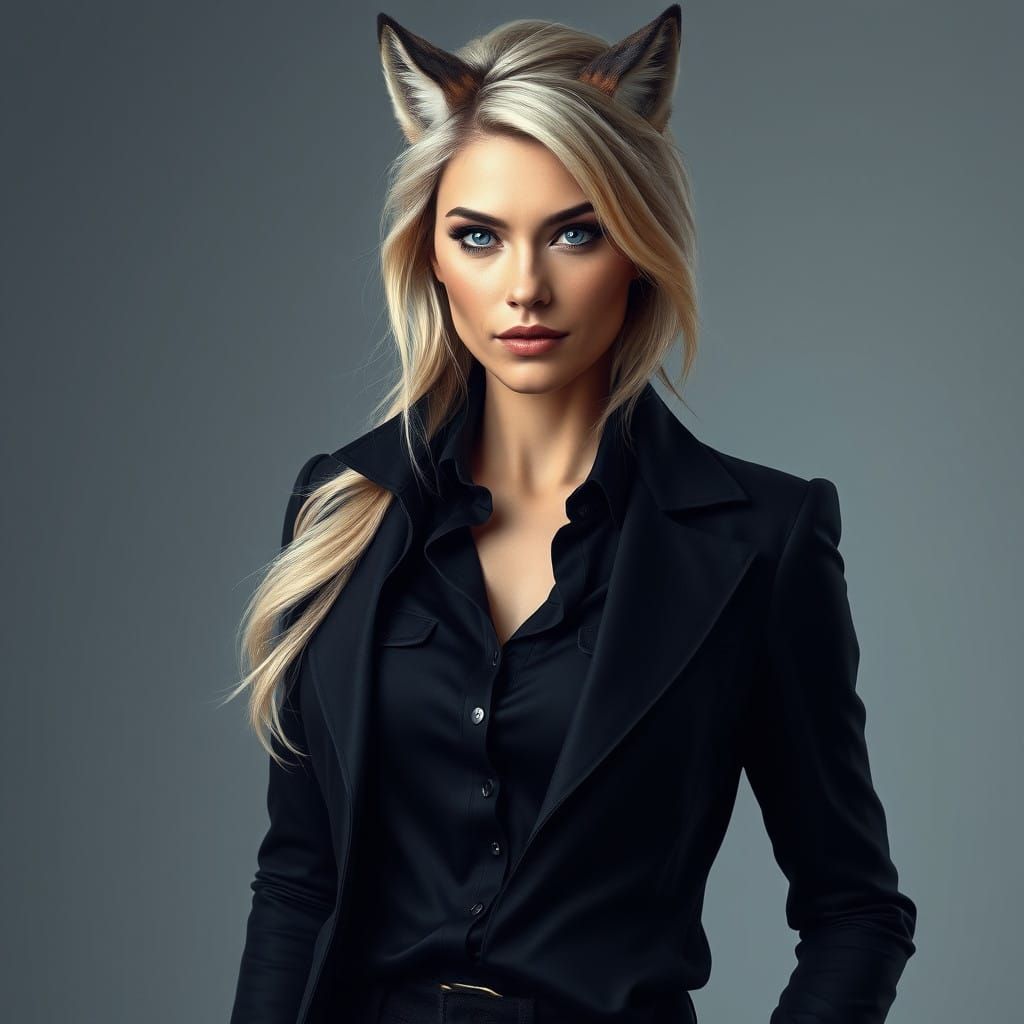 Confident Woman with Wolf-Like Traits in a Mystical Fusion