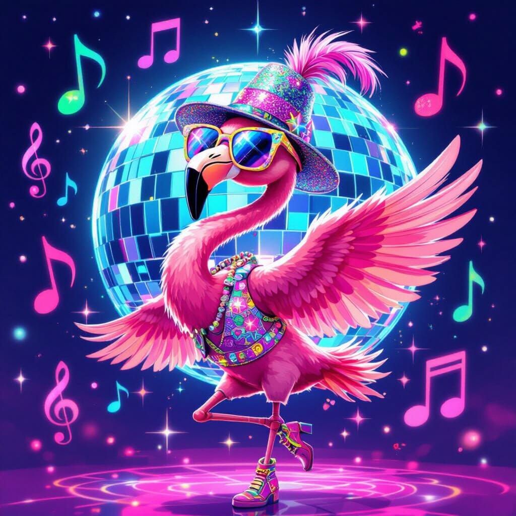 Groovy Flamingo Disco Dance in Neon Splendor