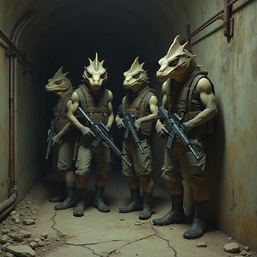 Gritty Reptilian Humanoids in Derelict Tunnel