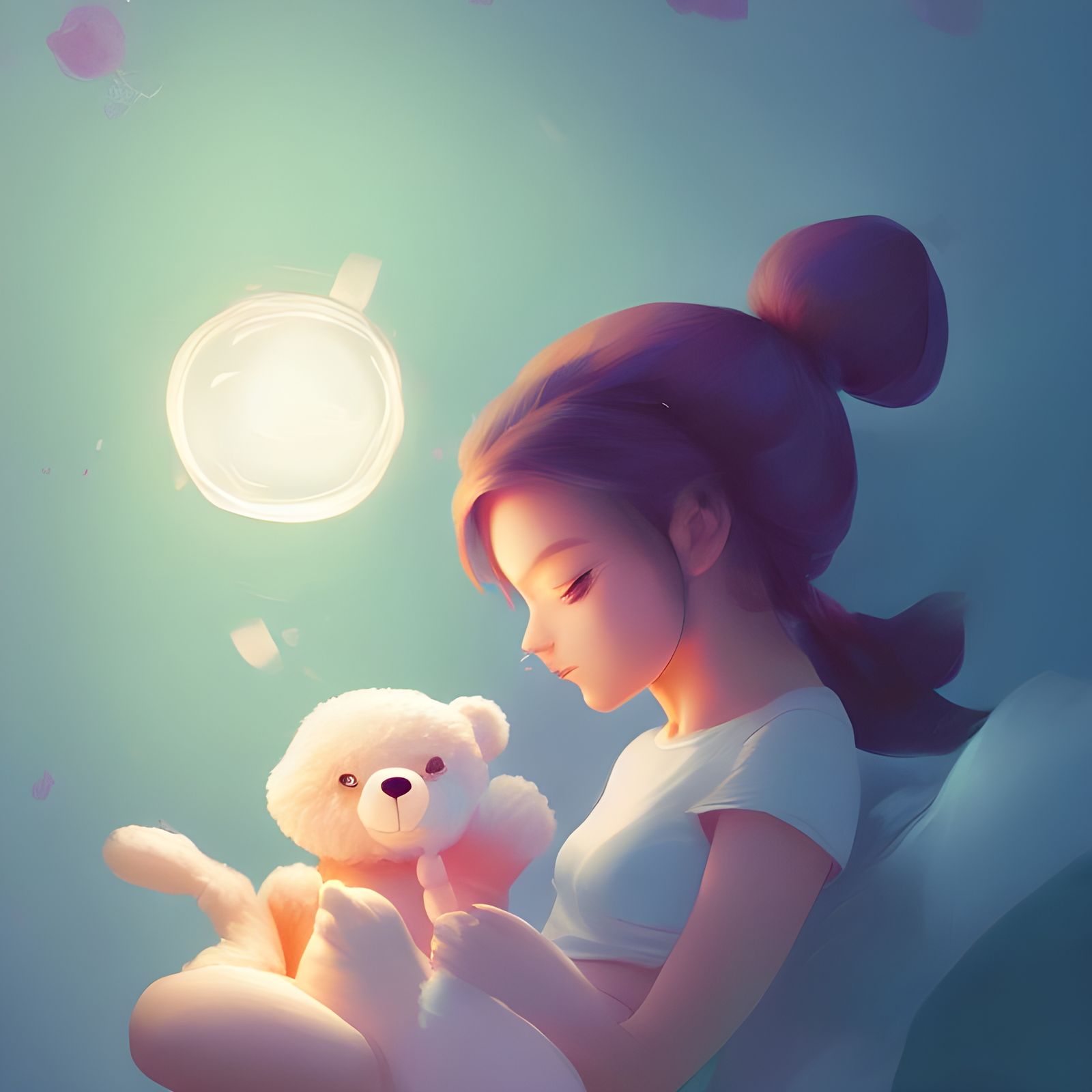 Cute Girl Sleeping with Magic Teddy Bear