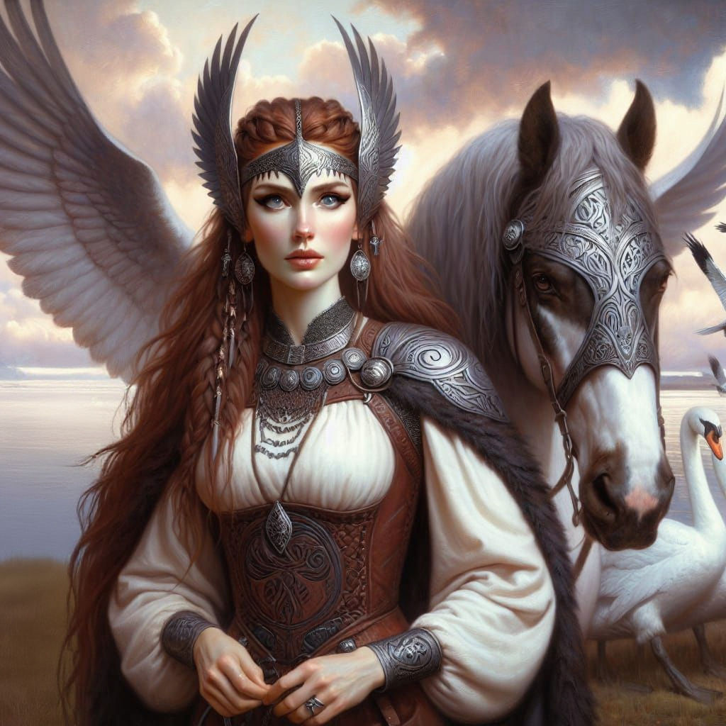 Viking Battle Goddess with Winged Horse, Digital Oil Paintin...