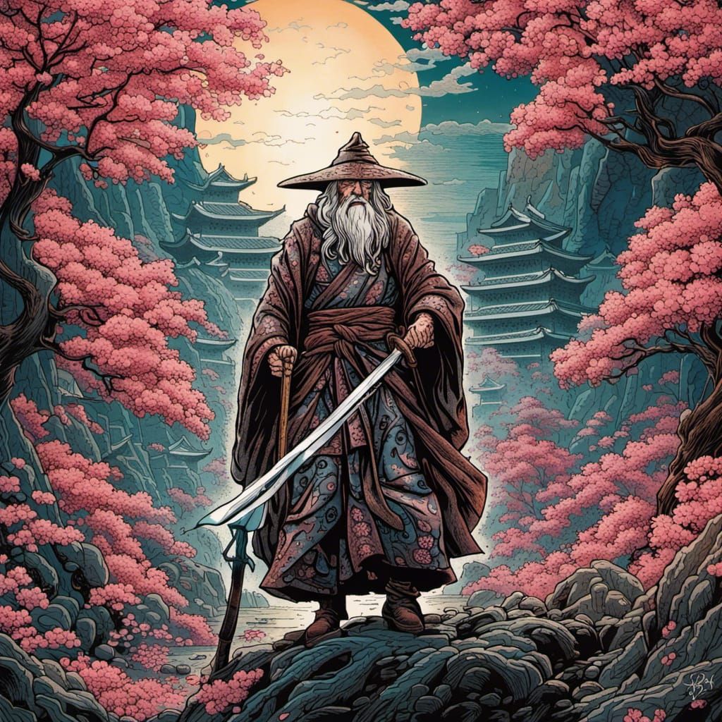 Samurai Gandalf in Japanese Woodblock Style