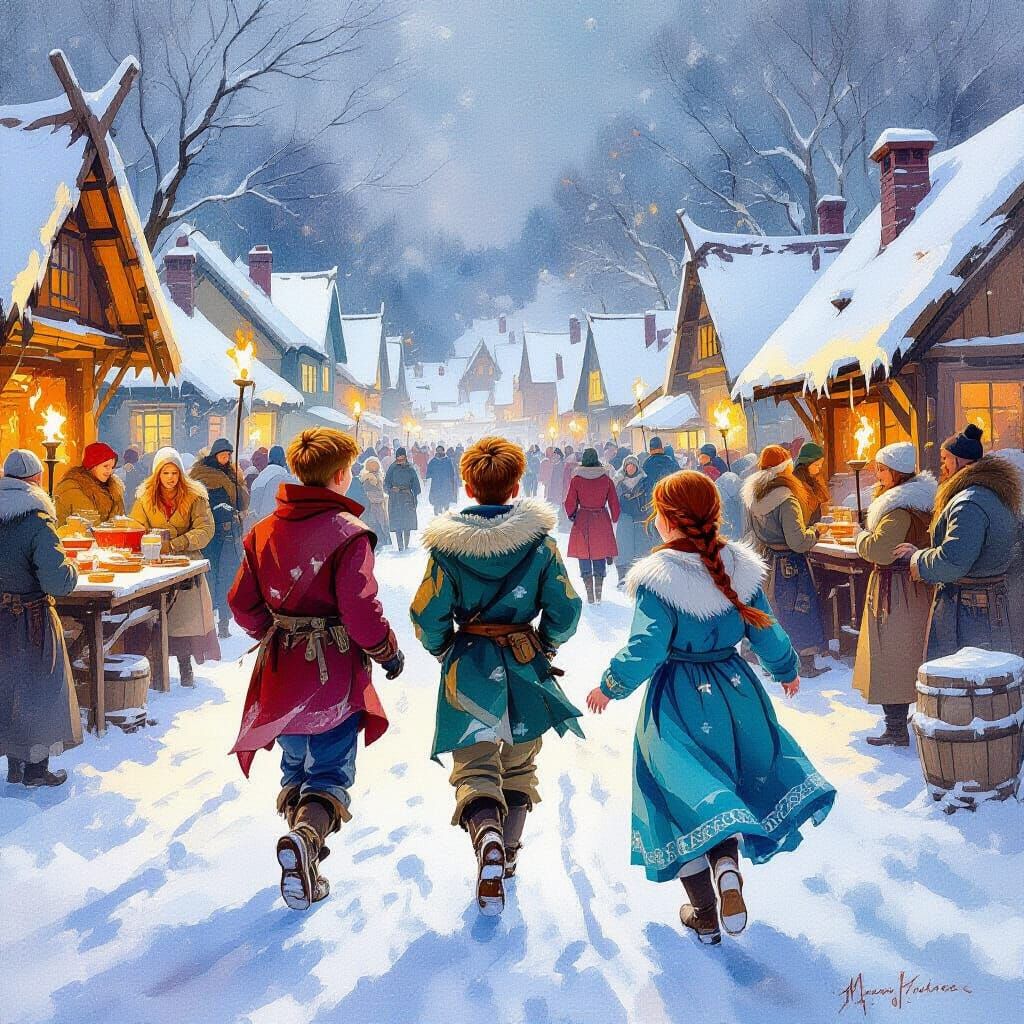 Norse Feast Scene in Post-Impressionist Watercolor Style