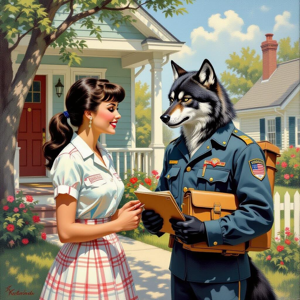 1950s Housewife and Werewolf Chatting in Vintage Americana S...