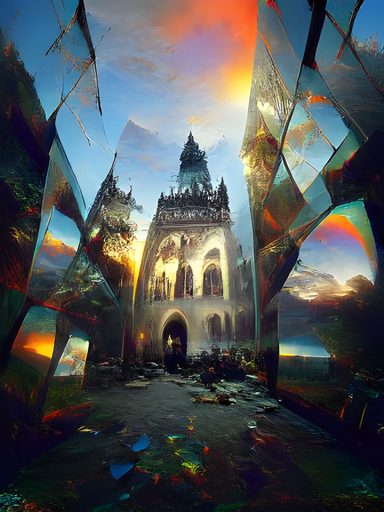 Iridescent Glass Cathedral at Sunset in 8K
