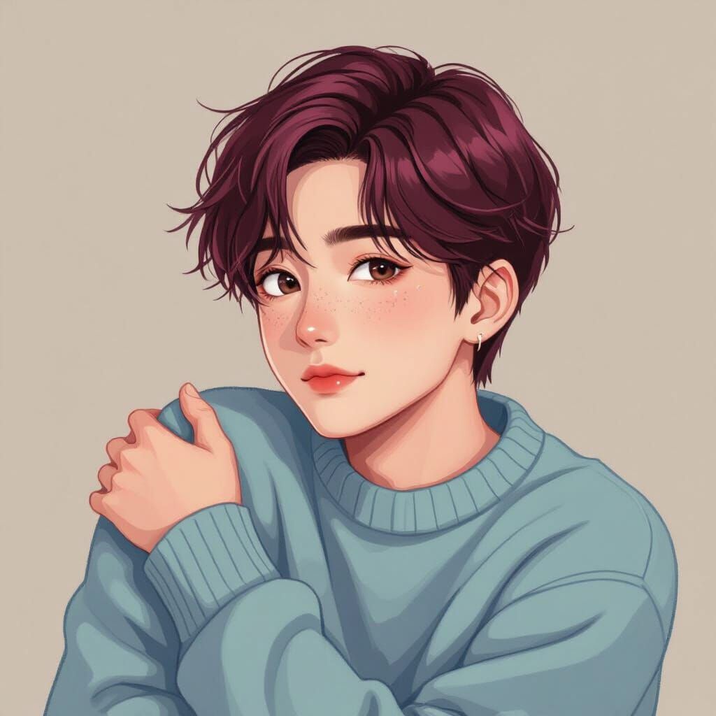 Korean Teen in Pastel Sweater, Whimsical Digital Art