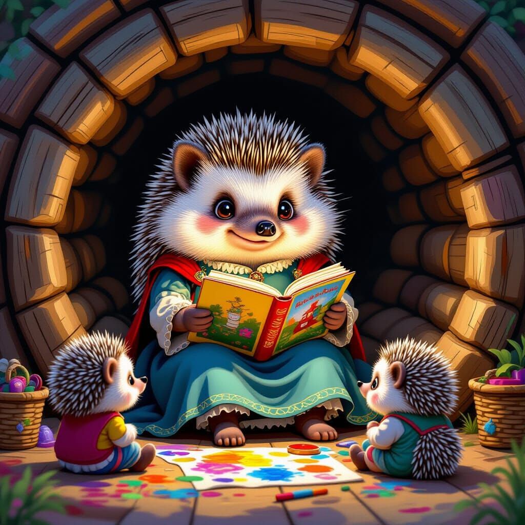 Hedgehog Family Reading and Painting in Cozy Tunnel Home