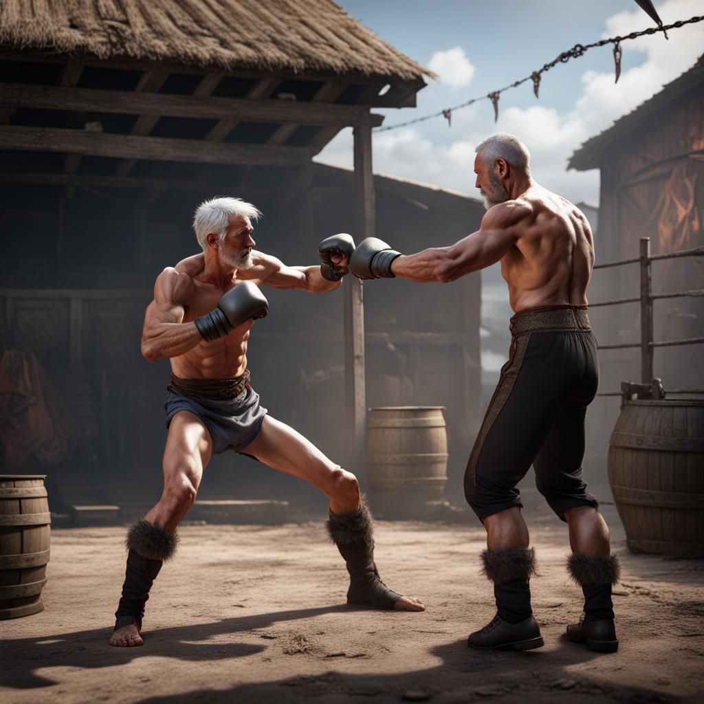 Shirtless Fighter Training: Detailed Matte Painting