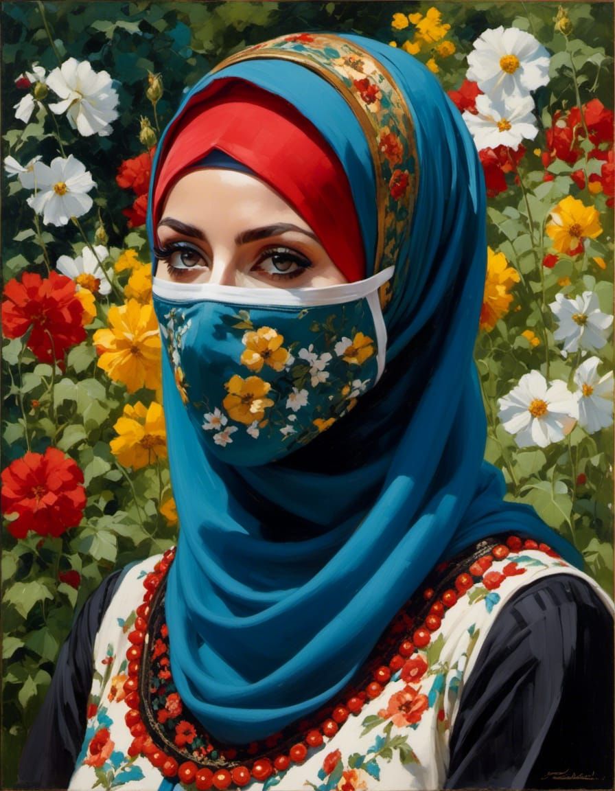 Mystic Garden: Facemasked Woman in Oil Painting