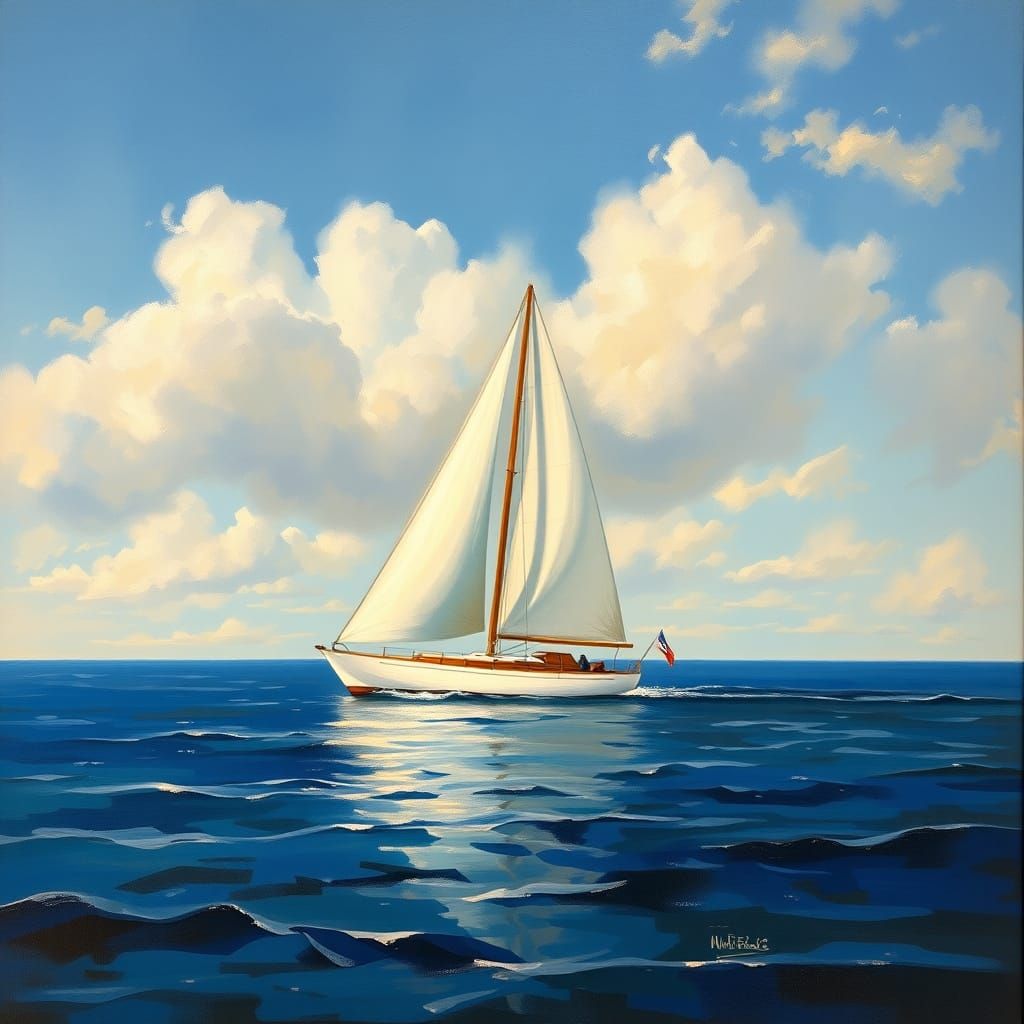 White Sailboat Glides Across Calm Blue Waters