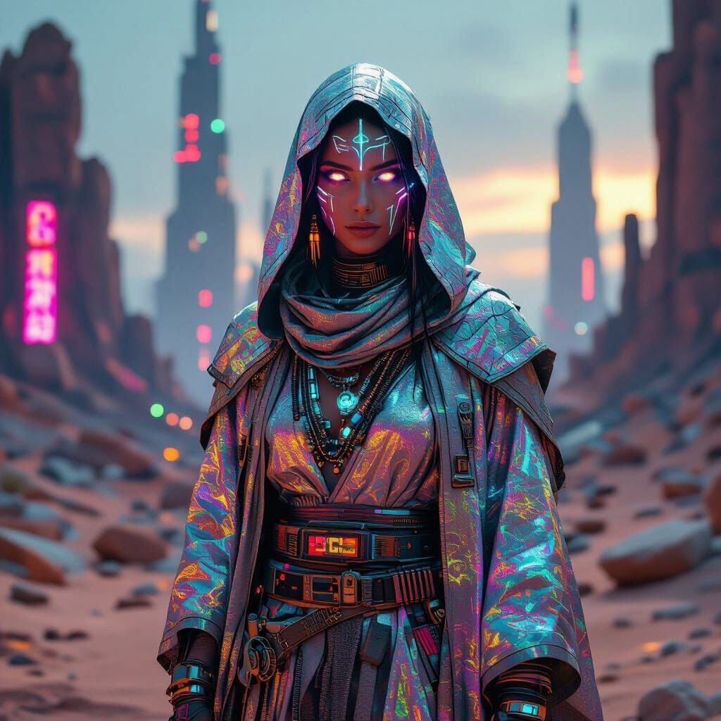 Cyberpunk Desert Nomad in Neon Ruins