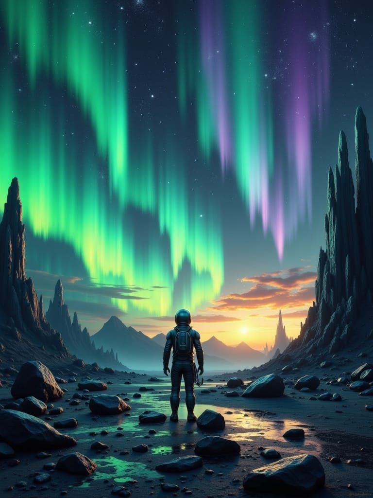 A lone astronaut on a desolate looking, watching.