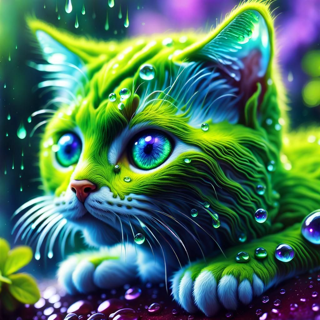 Microscopic Mossy Kitten in Ethereal Violet Garden