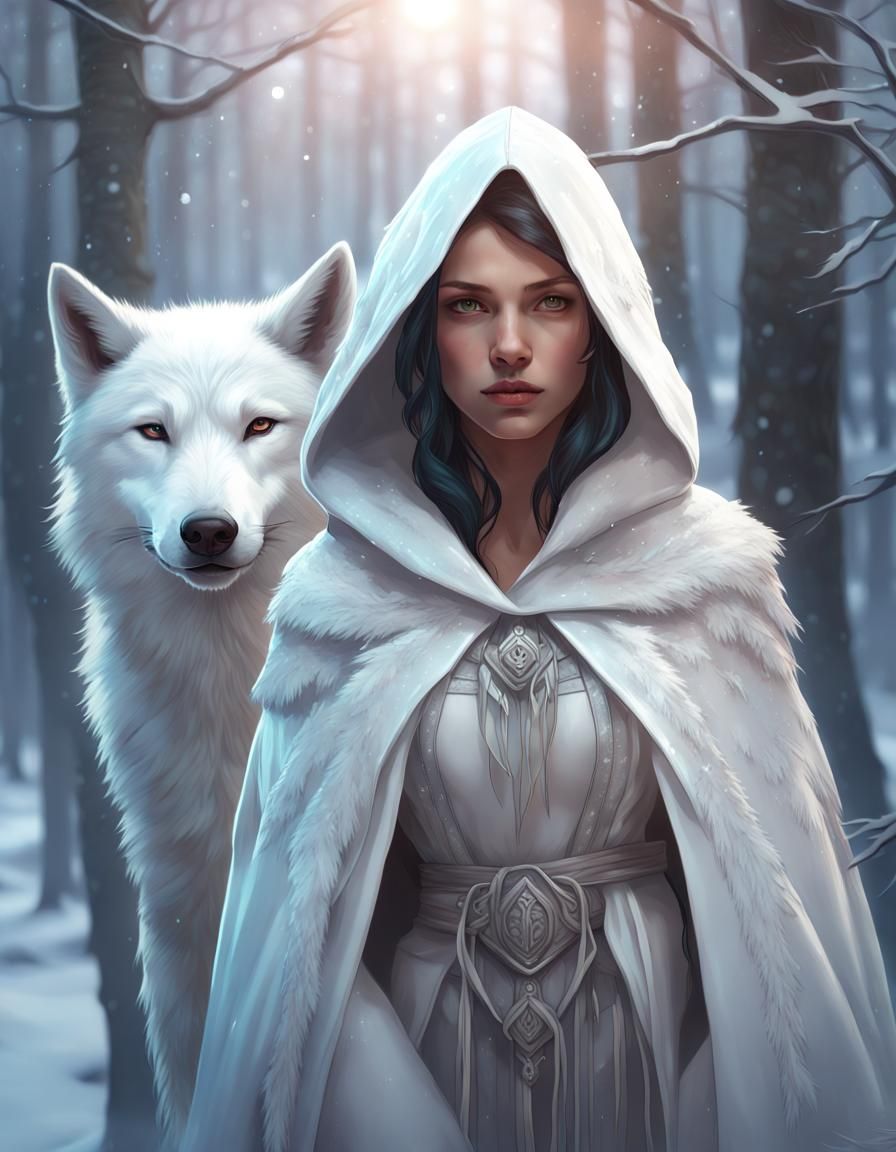 Hooded Witch and White Wolf in Sparkling Forest