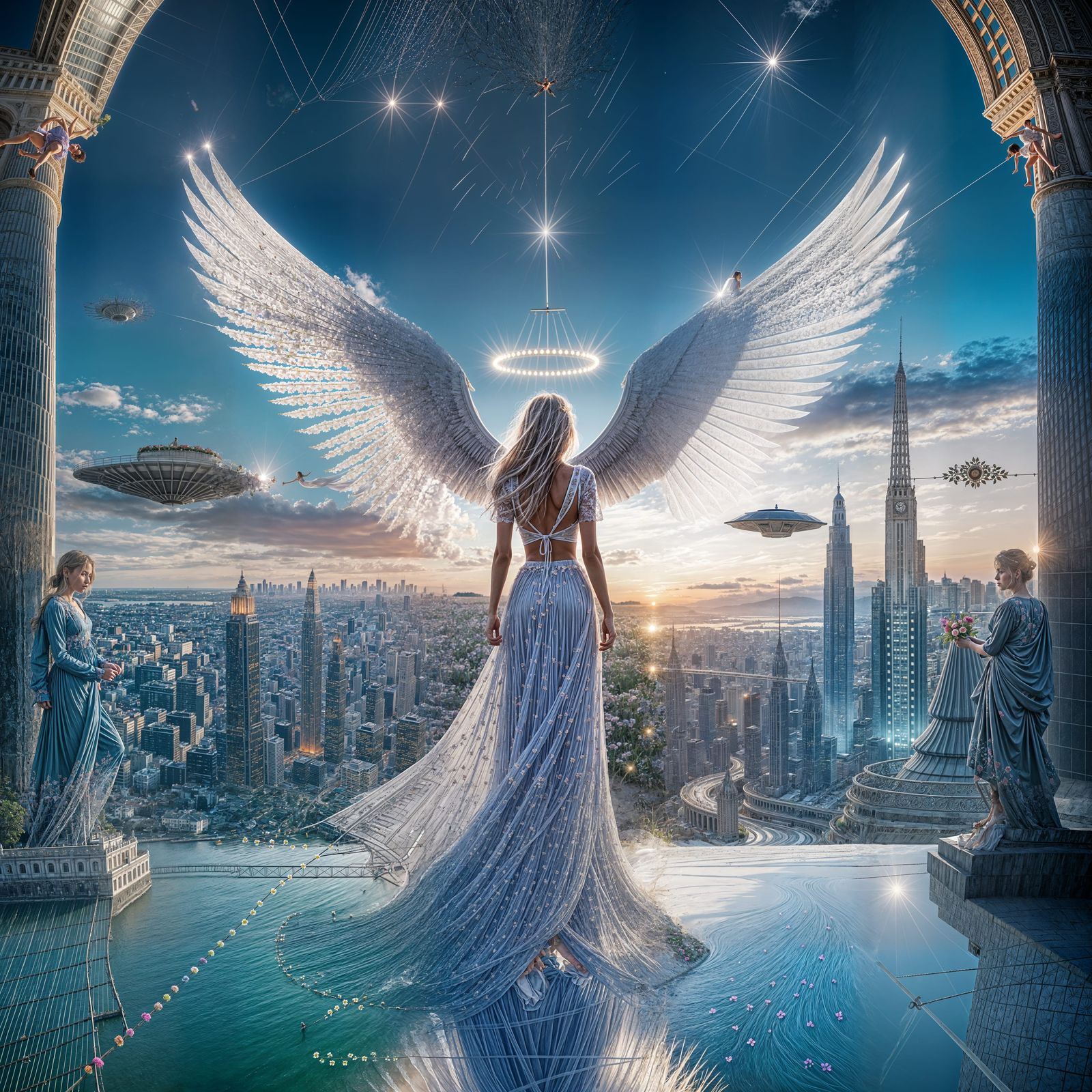 Celestial Guardian Overlooking Futuristic City Twilight