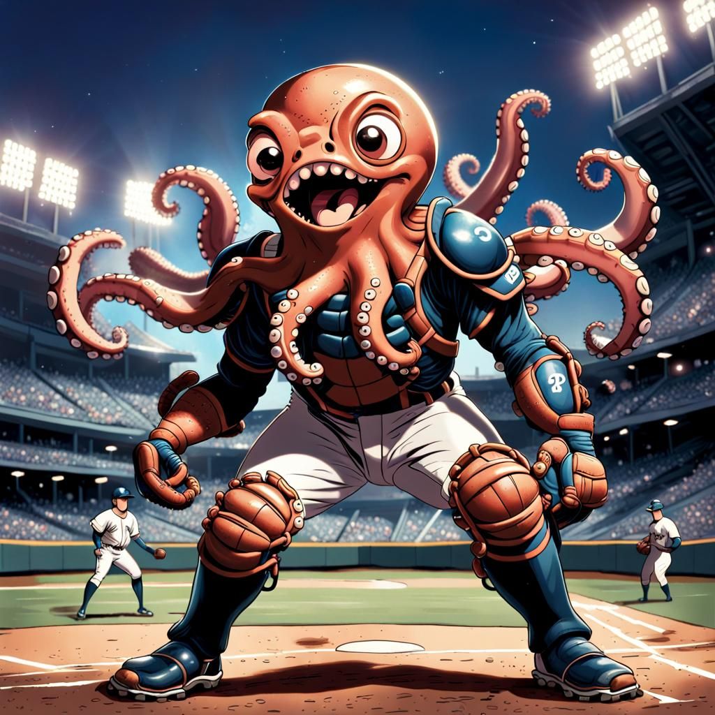 Humorous Octopus Plays Baseball in Comic Style