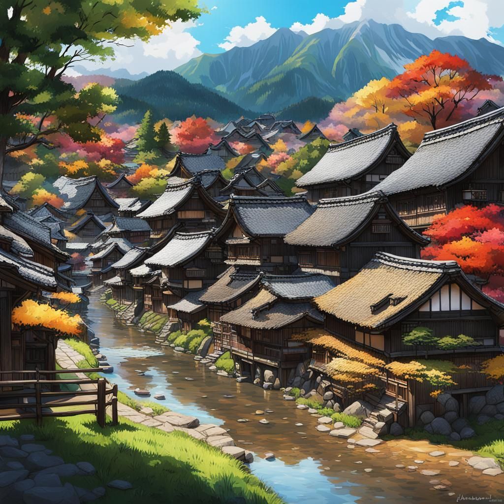 Hyperrealistic Shirakawa-go Village Splash Art