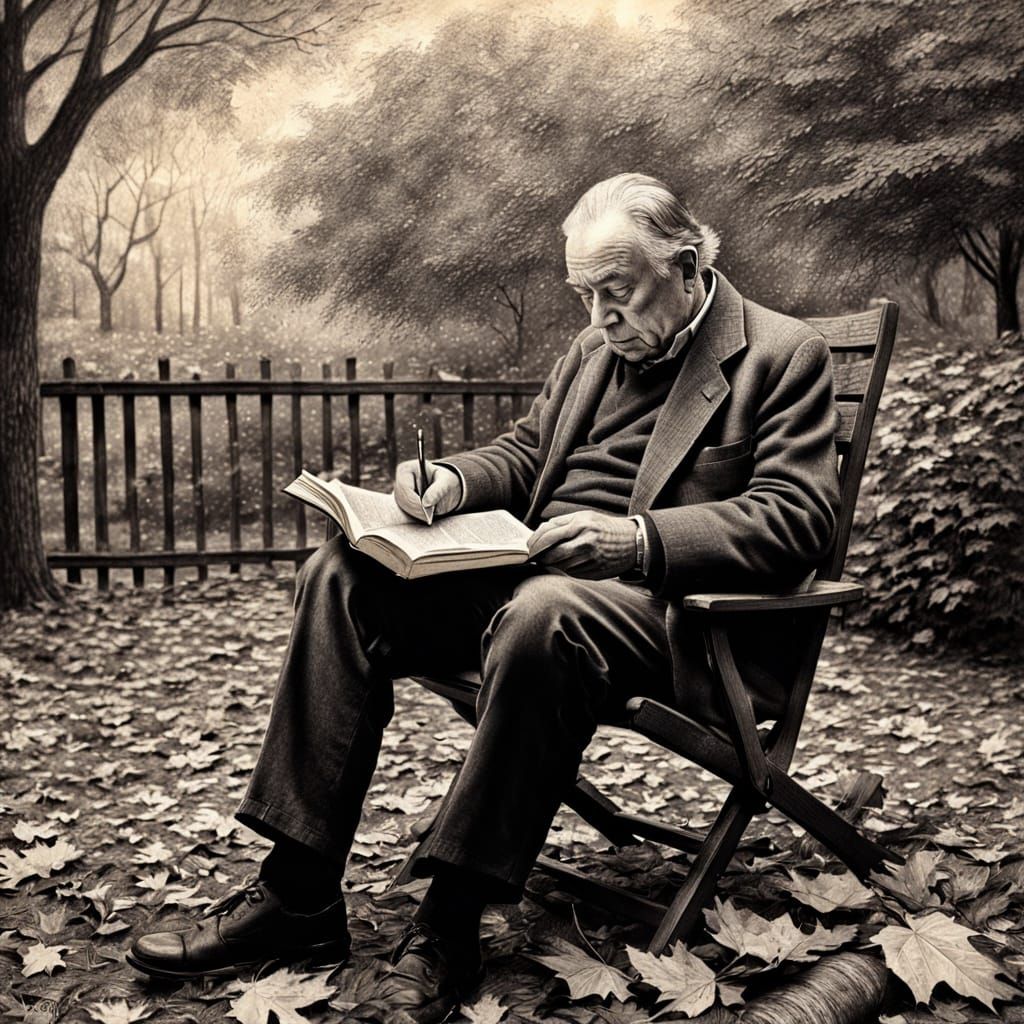 Charcoal Drawing of Man Reading Book in Autumn